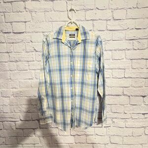 IZOD Men’s Plaid Button Down Shirt – Blue Yellow Check Long Sleeve Casual